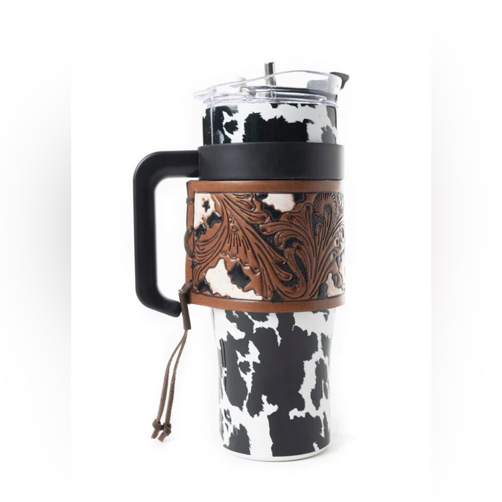 NWT Myra Cow Print Travel Mug with Black Lid and Handle Hand Tooled Leather Wrap
